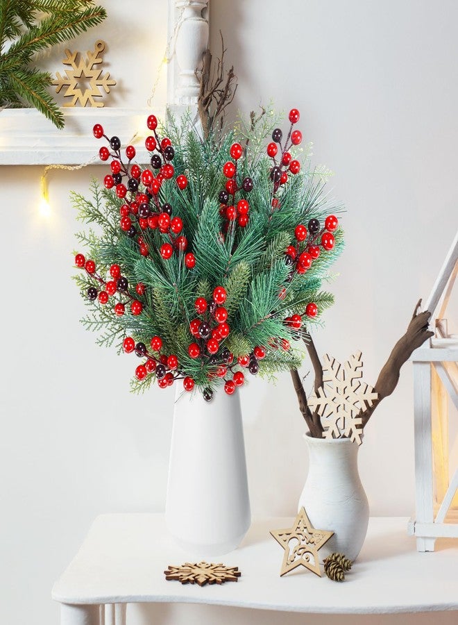Winlyn 65 Pcs Artificial Pine Branches and Red Berries Stems Christmas Greenery Stems Cedar Picks for Christmas Tree Wreath Winter Wedding Holiday Floral Arrangement Table Centerpiece DIY Crafts - Image 4