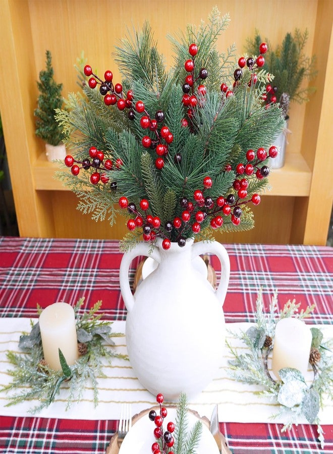Winlyn 65 Pcs Artificial Pine Branches and Red Berries Stems Christmas Greenery Stems Cedar Picks for Christmas Tree Wreath Winter Wedding Holiday Floral Arrangement Table Centerpiece DIY Crafts - Image 3