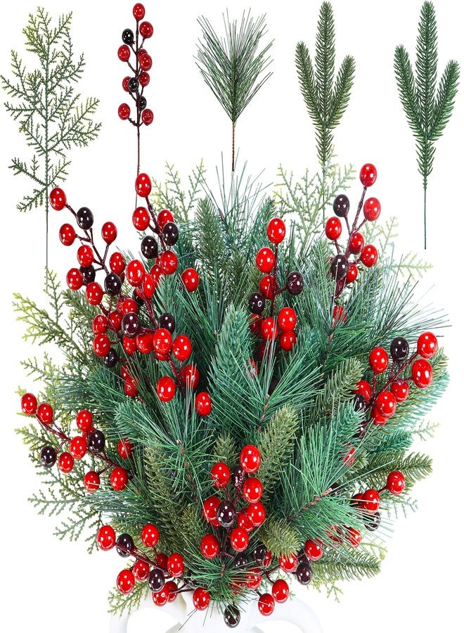 Winlyn 65 Pcs Artificial Pine Branches and Red Berries Stems Christmas Greenery Stems Cedar Picks for Christmas Tree Wreath Winter Wedding Holiday Floral Arrangement Table Centerpiece DIY Crafts - Image 1