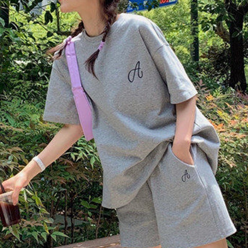 Shorts Short-sleeved plus size Sports suit Womens Summer Loose Korean-style Student Cotton Casual Two-piece Trendy Running Clothes Grey  - Image 5