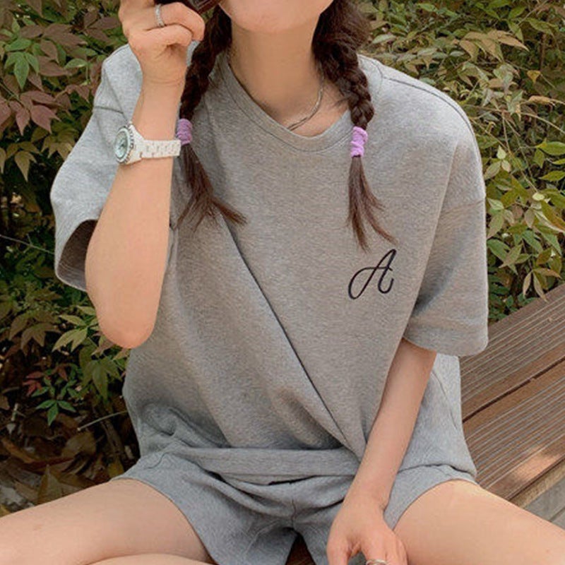 Shorts Short-sleeved plus size Sports suit Womens Summer Loose Korean-style Student Cotton Casual Two-piece Trendy Running Clothes Grey  - Image 4