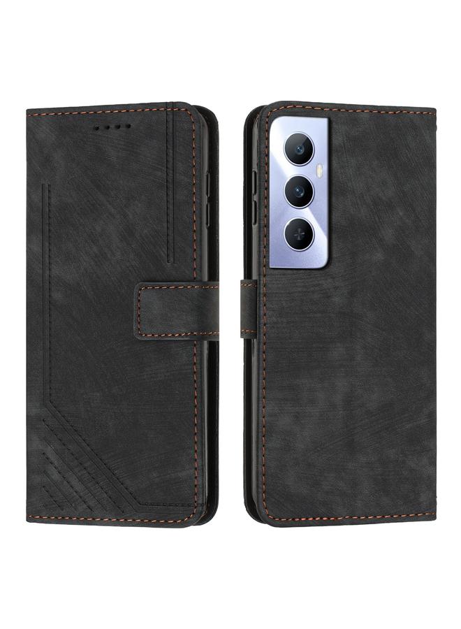 Green Tiger For Realme C65 4G Skin Feel Stripe Pattern Leather Phone Case with Lanyard(Black)