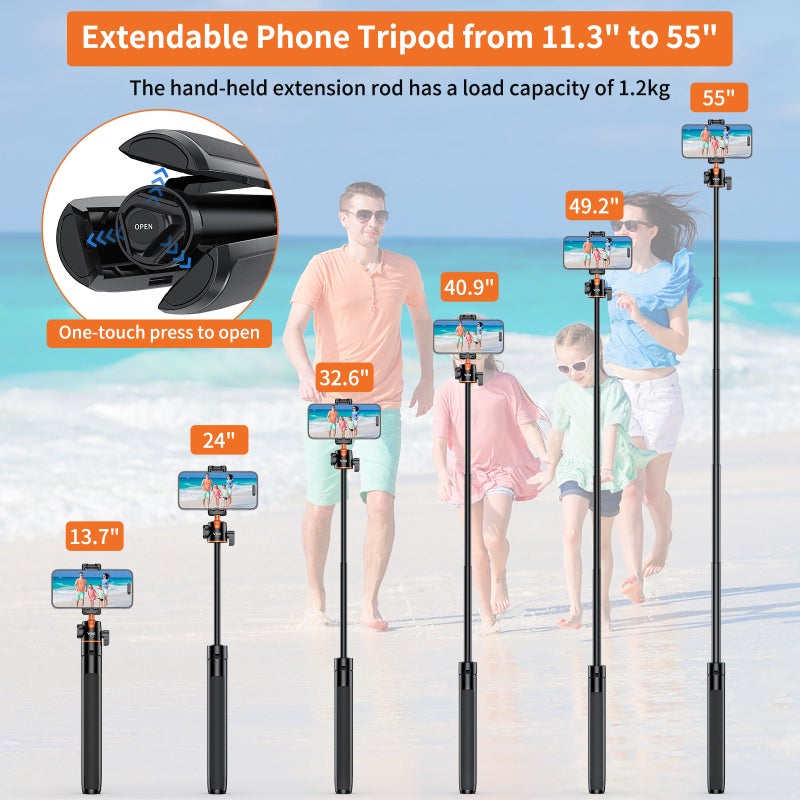 VRIG TP-16 140cm/55in Selfie Stick Tripod Stand with Flexible Ball Head Phone Holder 1/4 Inch Screw Connection for Smartphone Camera Vlog Live Streaming Selfie Video Recording - Image 2