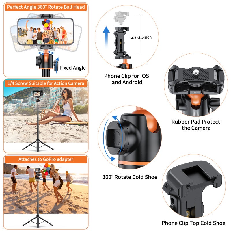 VRIG TP-16 140cm/55in Selfie Stick Tripod Stand with Flexible Ball Head Phone Holder 1/4 Inch Screw Connection for Smartphone Camera Vlog Live Streaming Selfie Video Recording - Image 3