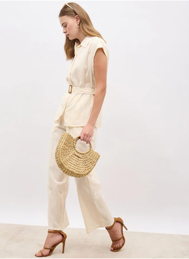 ستايلي Solid Cap Sleeve Shirt and Wide Leg Pants Co-Ords