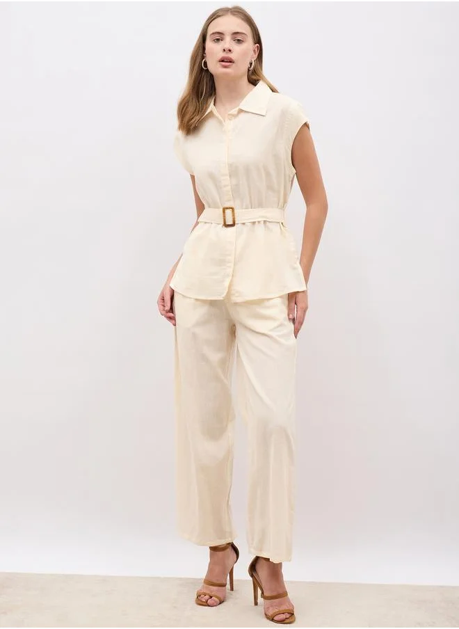 ستايلي Solid Cap Sleeve Shirt and Wide Leg Pants Co-Ords