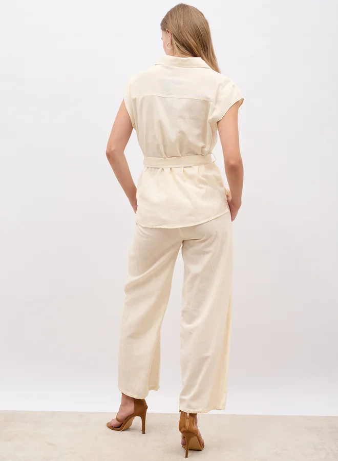 Styli Styli Solid Cap Sleeve Shirt and Wide Leg Pants Co-Ords