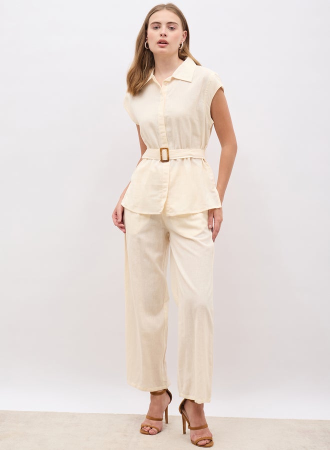 Styli Styli Solid Cap Sleeve Shirt and Wide Leg Pants Co-Ords - Image 2