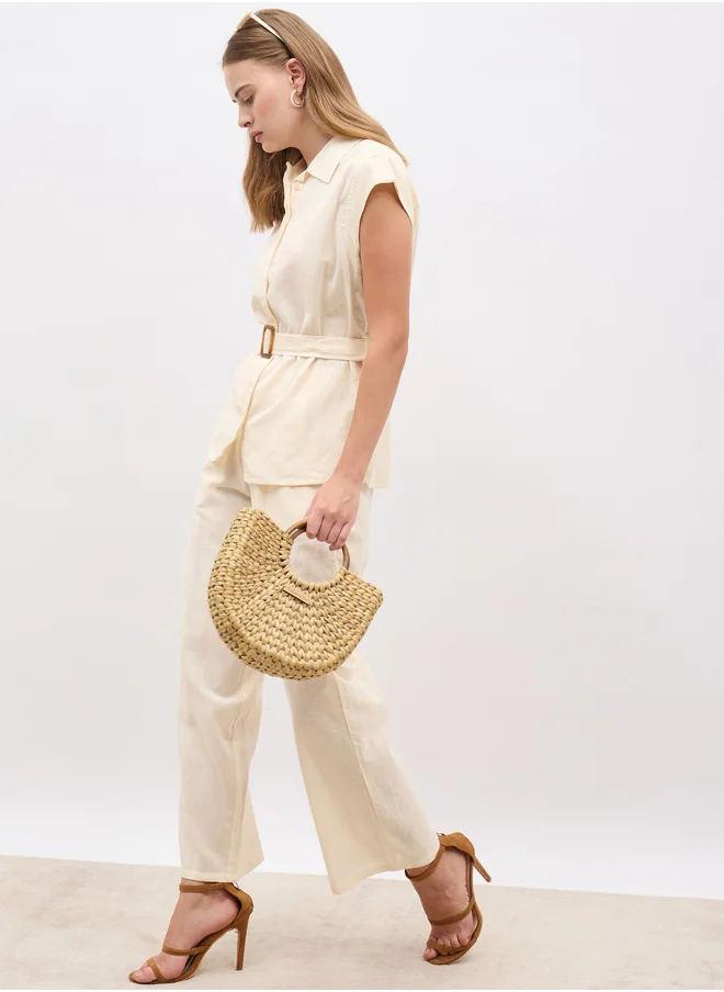 Styli Styli Solid Cap Sleeve Shirt and Wide Leg Pants Co-Ords