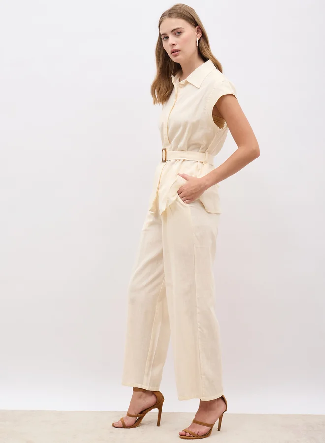 Styli Styli Solid Cap Sleeve Shirt and Wide Leg Pants Co-Ords