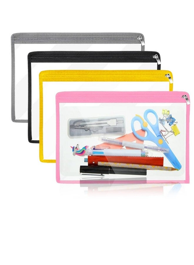 Lify PVC Clear Zipper Waterproof Pouches Pencil Pouchs Makeup Pouch Envelopes Folder Storage Multi Purpose, Office Supplies- 4 Piece Pack (Black, Grey, Yellow & Baby Pink (1-1Pcs)) - Image 1