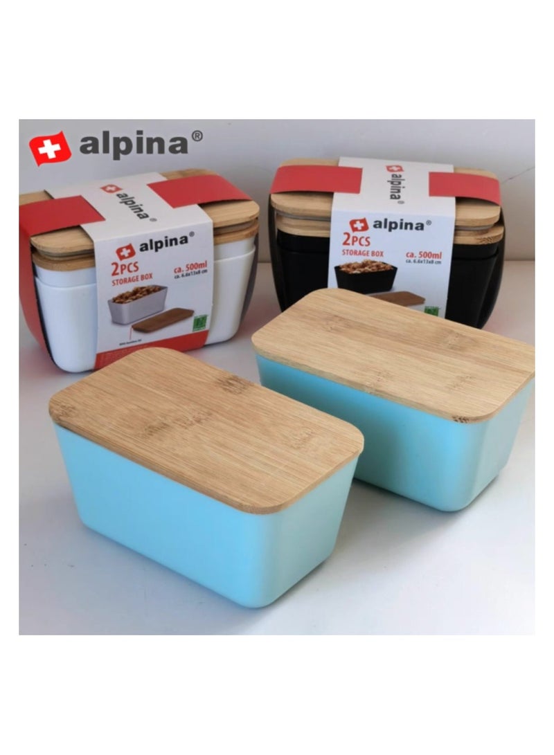 Alpina Set of two plastic food storage containers and a wooden lid, capacity 0.500 litres, 6.6x13x8 cm