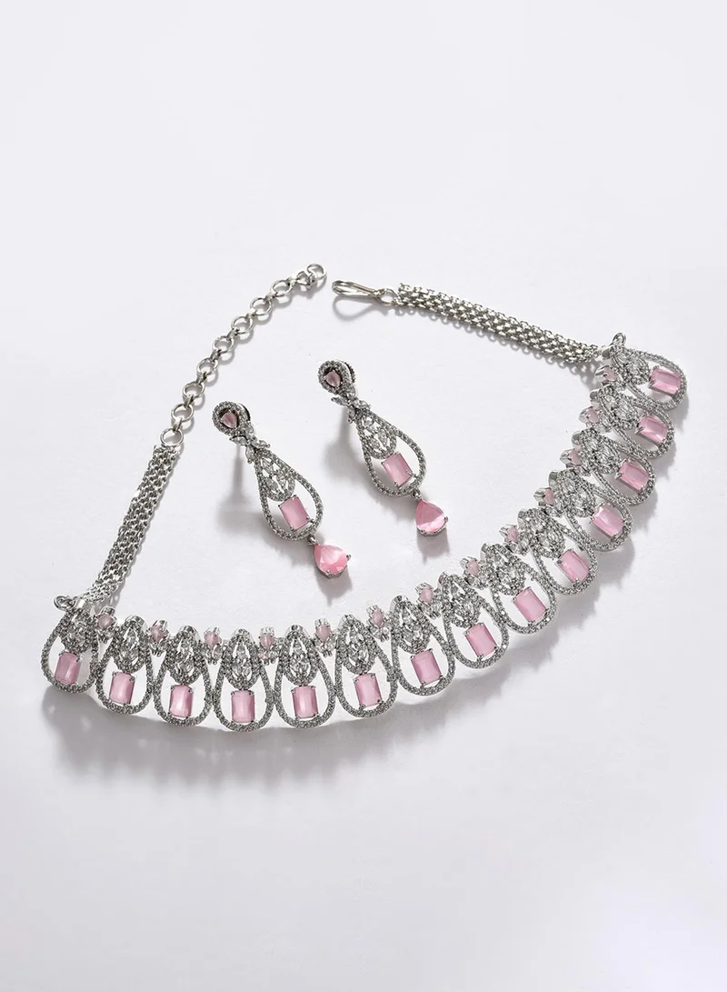 SOHI Green & Pink Stone Studded Artificial Jewellery Set