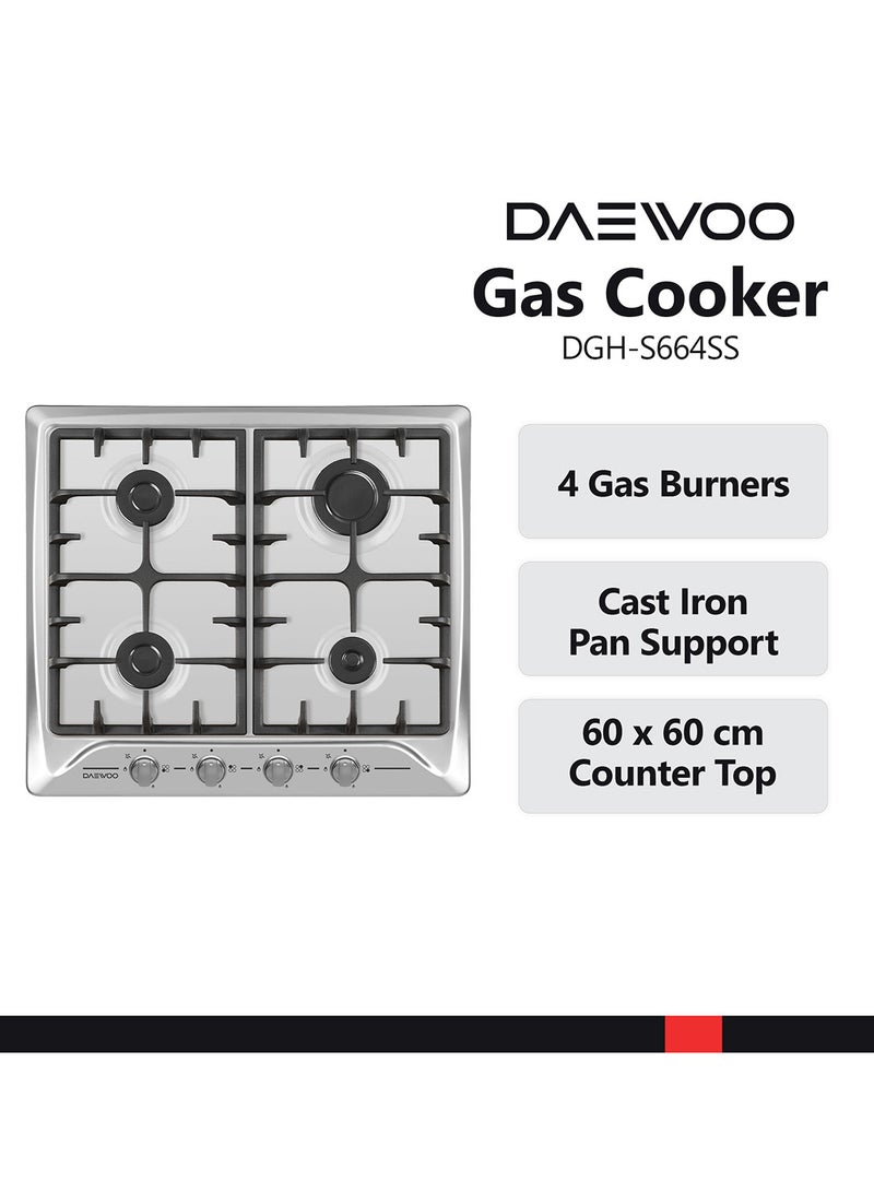 DAEWOO Table Top Gas Hob, 60 CM, 4 GAS BURNER, CAST IRON, Stainless Steel finish,  Made in Turkiye - Image 2