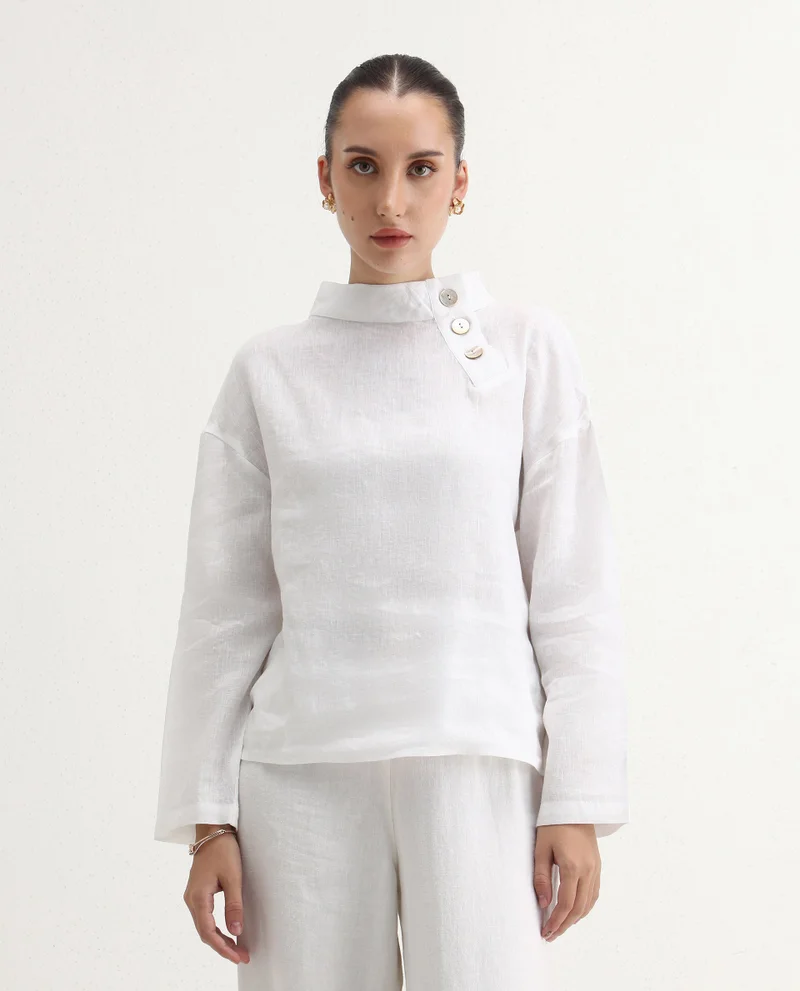 Rareism Women's Relaxed Fit 100% Linen Top With Collared Neck