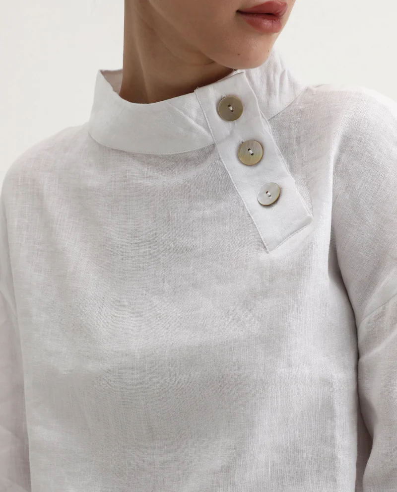 Rareism Women's Relaxed Fit 100% Linen Top With Collared Neck
