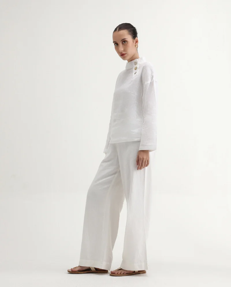 Rareism Women's Relaxed Fit 100% Linen Top With Collared Neck