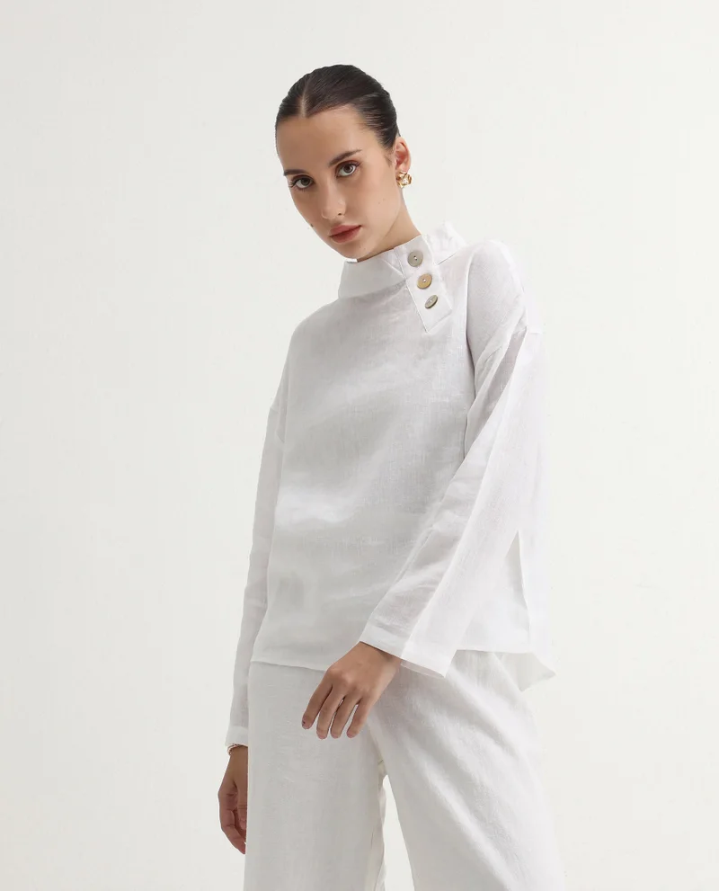 Rareism Women's Relaxed Fit 100% Linen Top With Collared Neck