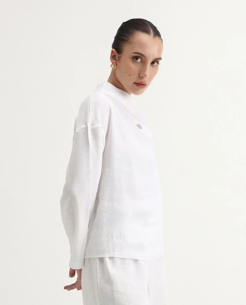 Rareism Women's Relaxed Fit 100% Linen Top With Collared Neck
