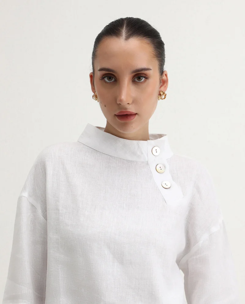 Rareism Women's Relaxed Fit 100% Linen Top With Collared Neck