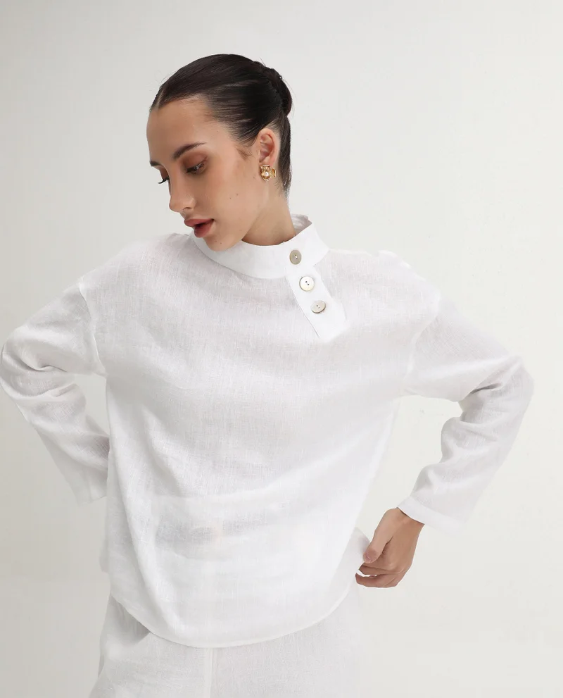 Rareism Women's Relaxed Fit 100% Linen Top With Collared Neck
