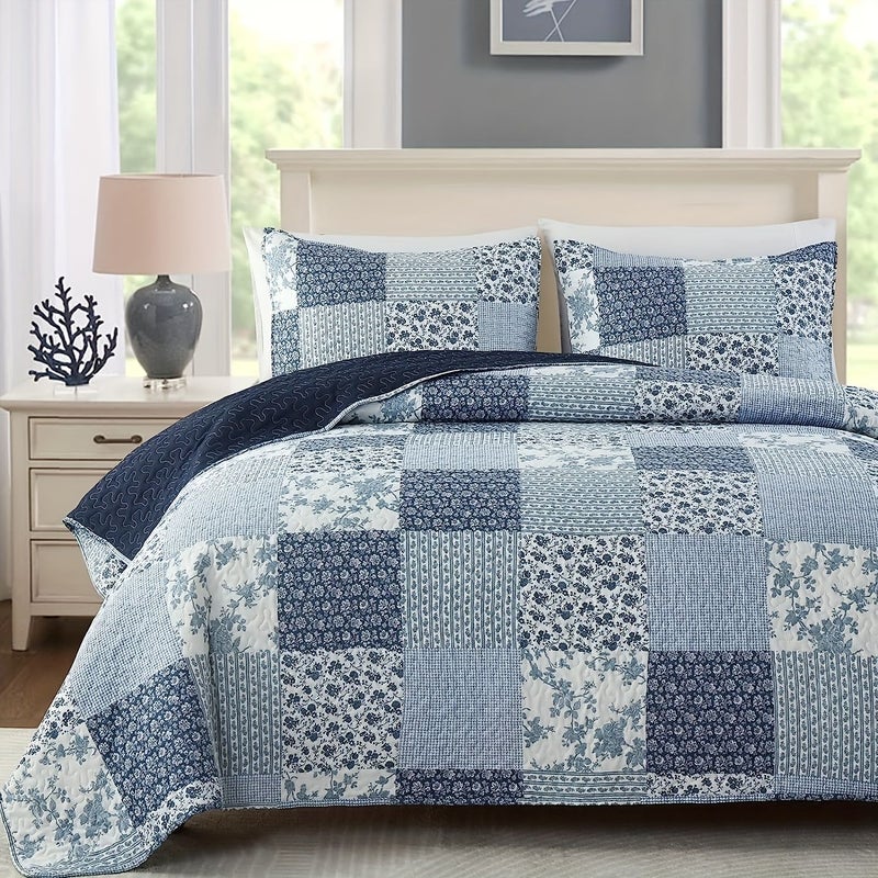 A 3 Piece Lightweight Bedding Set Including 1 Bedspread and 2 Pillowcases with Floral Patchwork Design Full Queen Size 90.16 by 90.16 Inches Soft Breathable Bedroom Dorm Decor Brown Block Color - Image 3