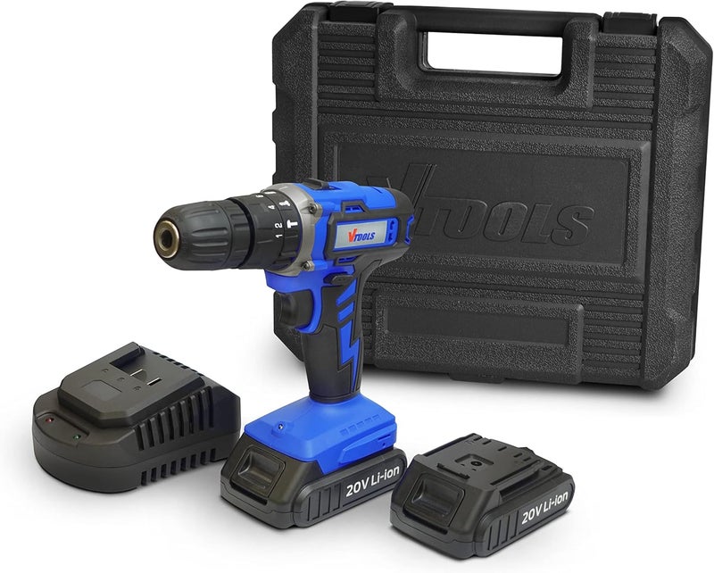 VTOOLS 20V Cordless Impact Drill With 2 Batteries & 1 Fast Charger, 2-Variable Speed, 10Mm Keyless Chuck, 18+1 Torque Setting, Bmc Case, Vt1211 - Image 1