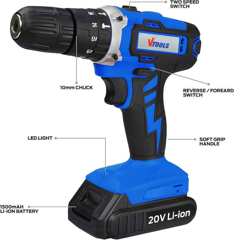 VTOOLS 20V Cordless Impact Drill With 2 Batteries & 1 Fast Charger, 2-Variable Speed, 10Mm Keyless Chuck, 18+1 Torque Setting, Bmc Case, Vt1211 - Image 2