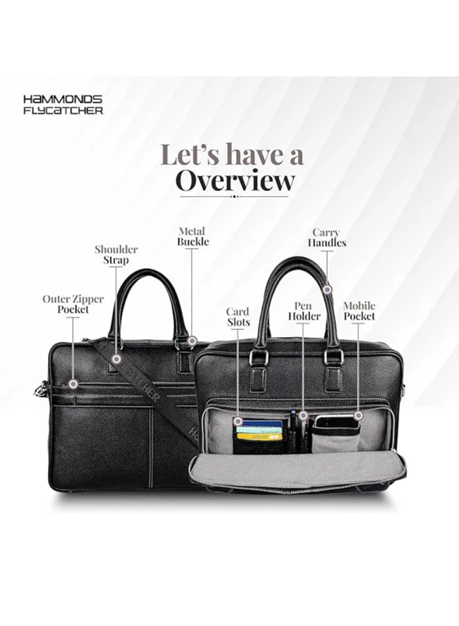 Hammonds Flycatcher  Genuine Leather Laptop Bag for Men - Office Bag - Fits Up to 15.6 Inch Laptop - Laptop Messenger Bags/Leather Bag for Men with Adjustable Shoulder Strap and Trolley Strap - Black  | Best Price UAE
