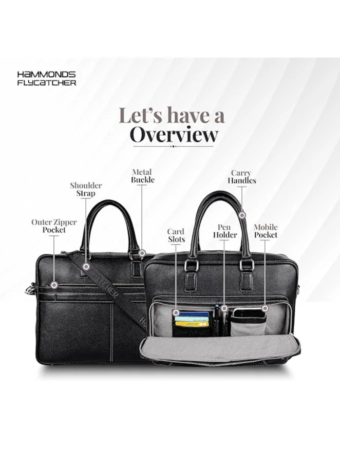 Hammonds Flycatcher  Genuine Leather Laptop Bag for Men - Office Bag - Fits Up to 15.6 Inch Laptop - Laptop Messenger Bags/Leather Bag for Men with Adjustable Shoulder Strap and Trolley Strap - Black  | Best Price UAE