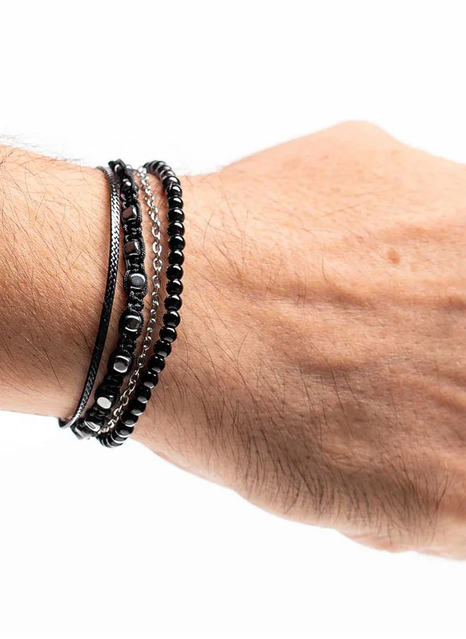كريسوستوموس Handmade Adjustable Beaded Multi-Line Bracelet with Glossy Black Onyx, Squared Hematite, Macrame Binding and Black Cord