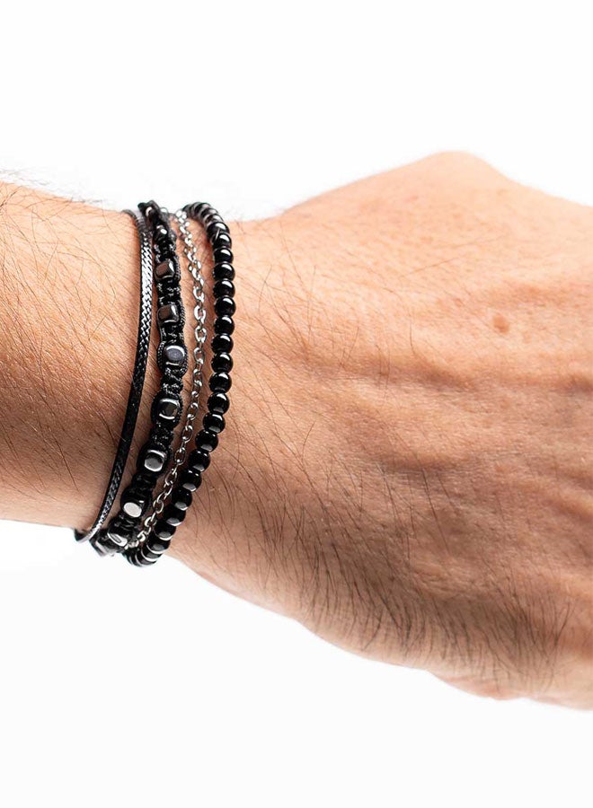 CHRYSOSTOMOS Handmade Adjustable Beaded Multi-Line Bracelet with Glossy Black Onyx, Squared Hematite, Macrame Binding and Black Cord - Image 3