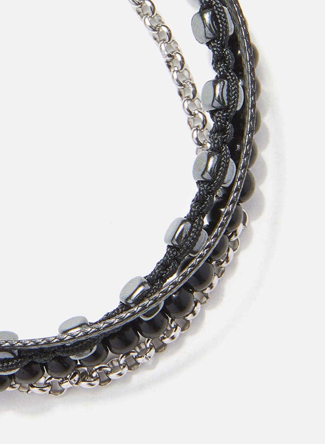 CHRYSOSTOMOS Handmade Adjustable Beaded Multi-Line Bracelet with Glossy Black Onyx, Squared Hematite, Macrame Binding and Black Cord - Image 2