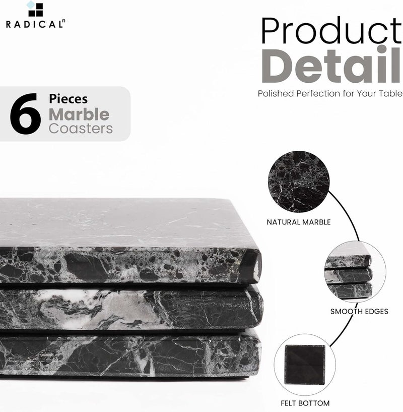 RADICALn Marble Coasters Square 3.5" Inches Black Handmade Coasters for Drinks, Marble Drink Coaster for Home Bar, Ideal Coaster Set of 6 - Image 5