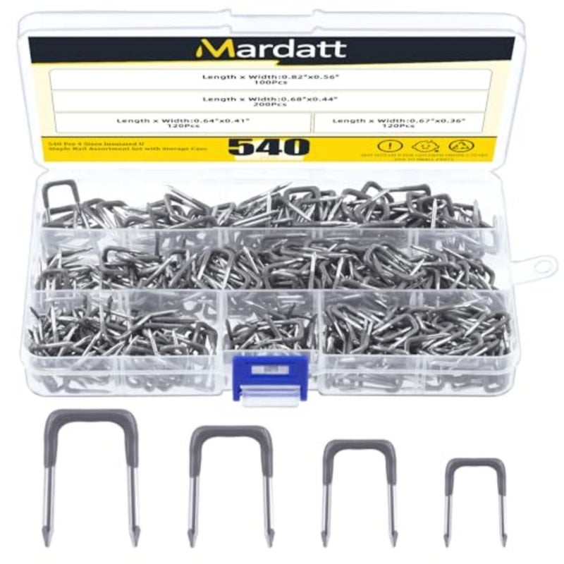 540 Pcs Insulated U Staple Nail Assortment Set with Storage Case, 0.56", 0.44", 0.41", 0.36" Metal Cable Staple for Fixing Electrical Wire - Image 1