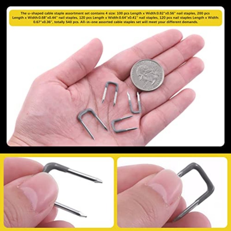 540 Pcs Insulated U Staple Nail Assortment Set with Storage Case, 0.56", 0.44", 0.41", 0.36" Metal Cable Staple for Fixing Electrical Wire - Image 5