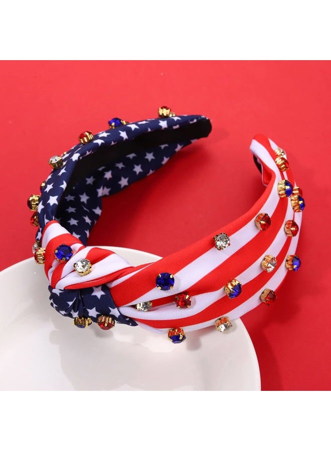 HSWE American Flag Headband Patriotic Rhinestone Cross Knotted Turban Hair Hoop 4th of July Crystal Twist Velvet Wide Hairband Party Hair Accessory - Image 2