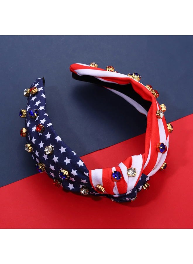 HSWE American Flag Headband Patriotic Rhinestone Cross Knotted Turban Hair Hoop 4th of July Crystal Twist Velvet Wide Hairband Party Hair Accessory - Image 4