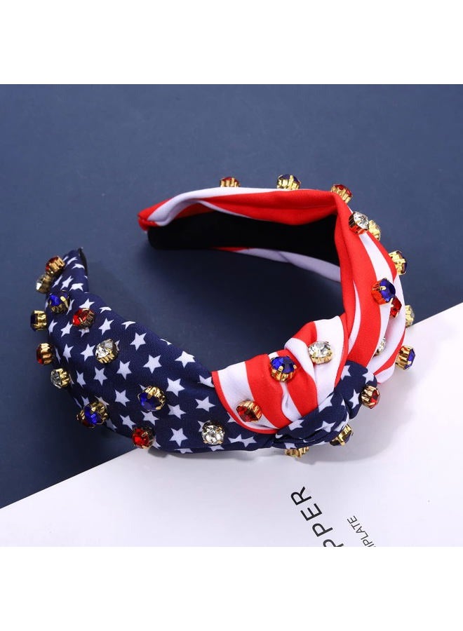 HSWE American Flag Headband Patriotic Rhinestone Cross Knotted Turban Hair Hoop 4th of July Crystal Twist Velvet Wide Hairband Party Hair Accessory - Image 3