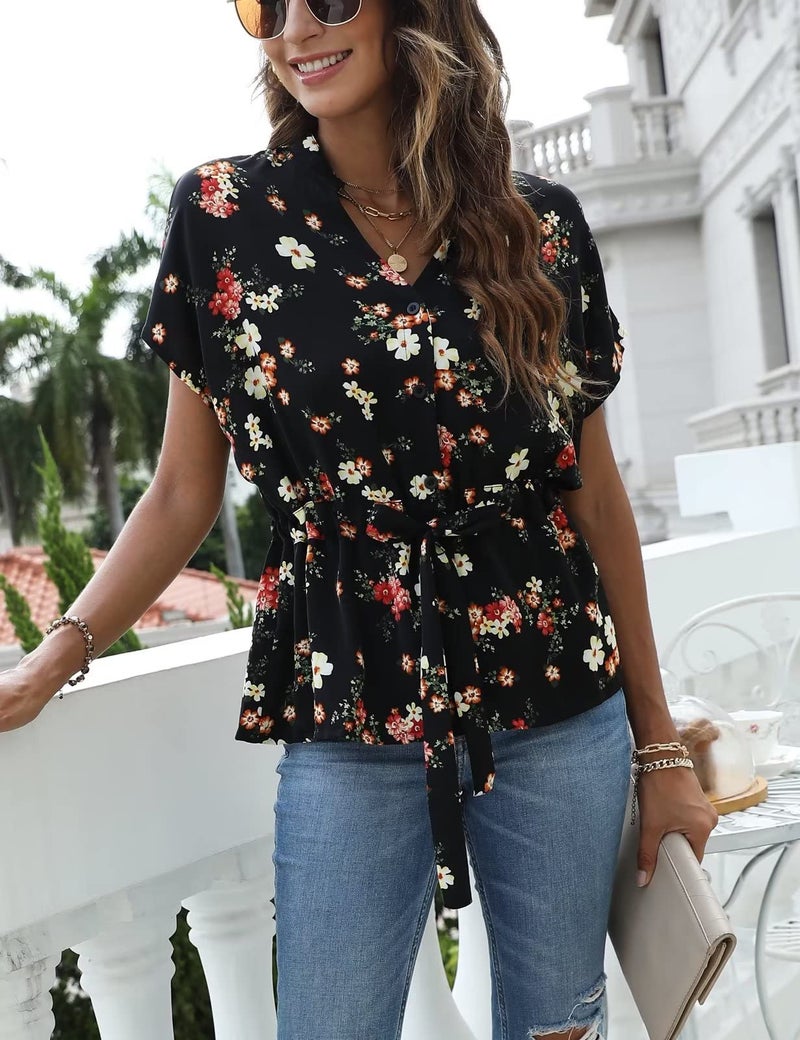 CiCiBird Womens Button Down Blouses Casual Peplum Summer Tops Dressy Chiffon Work Blouse Floral Black - Image 4