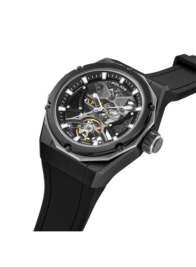 بوليس ساعة دايتون أوتوماتيكية للرجال بقرص أسود وسوار سيليكون أسود - ٤٥ ملم