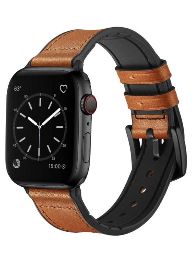 NIBEMINENT Genuine Leather and Rubber Hybrid Band Strap For Apple iWatch Series 6/SE/5/4/3/2/1 Light Brown  - Image 1