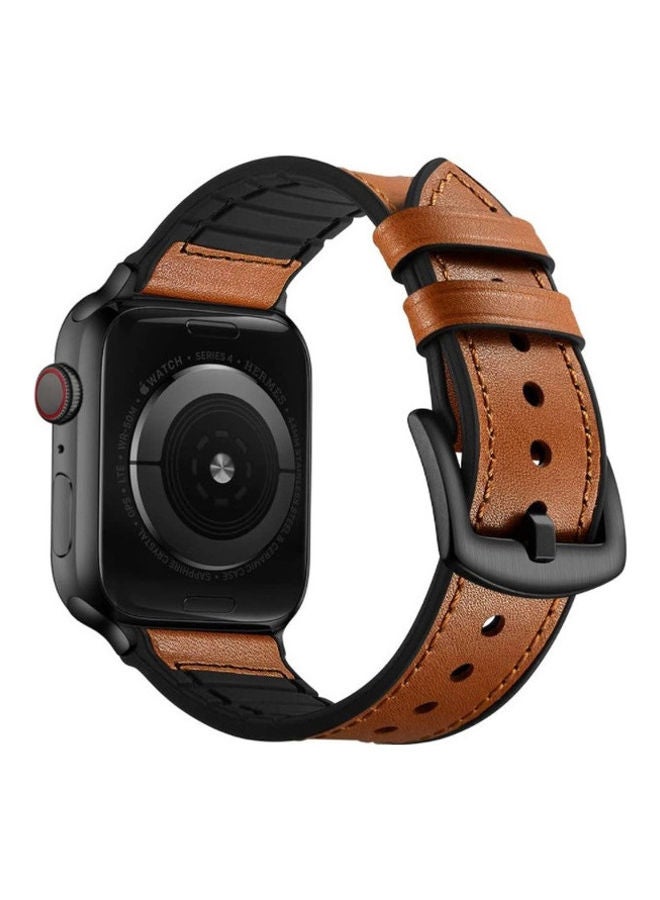 NIBEMINENT Genuine Leather and Rubber Hybrid Band Strap For Apple iWatch Series 6/SE/5/4/3/2/1 Light Brown  - Image 2