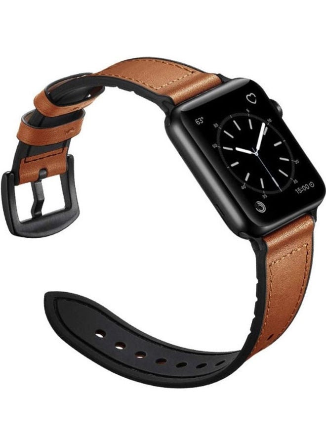 NIBEMINENT Genuine Leather and Rubber Hybrid Band Strap For Apple iWatch Series 6/SE/5/4/3/2/1 Light Brown  - Image 3