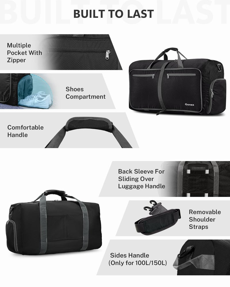 Gonex 100L Large Foldable Travel Duffle Bag with Shoes Compartment, Packable Lightweight Water Repellent Duffel Bag for Camping Gym Weekender Bag Black - Image 5