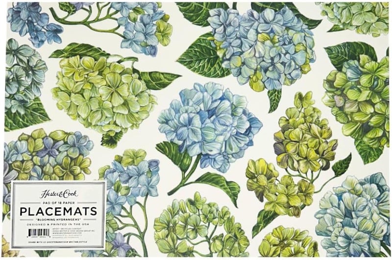 Hester & Cook Hydrangeas Paper Table Mats for Dining Table - Disposable Floral Placemats for Spring Summer Season - 24 Sheets Per Pad American Made - Image 1