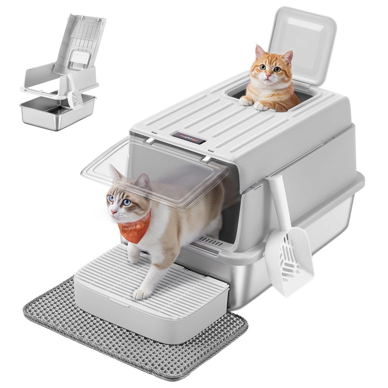 Feandrea Stainless Steel Cat Litter Box with Flip Lid, Litter Catcher Mat and Box, 2 Doors, Scoop, for Cats up to 33 lb, Light Gray UPPT007GD01 - Image 1