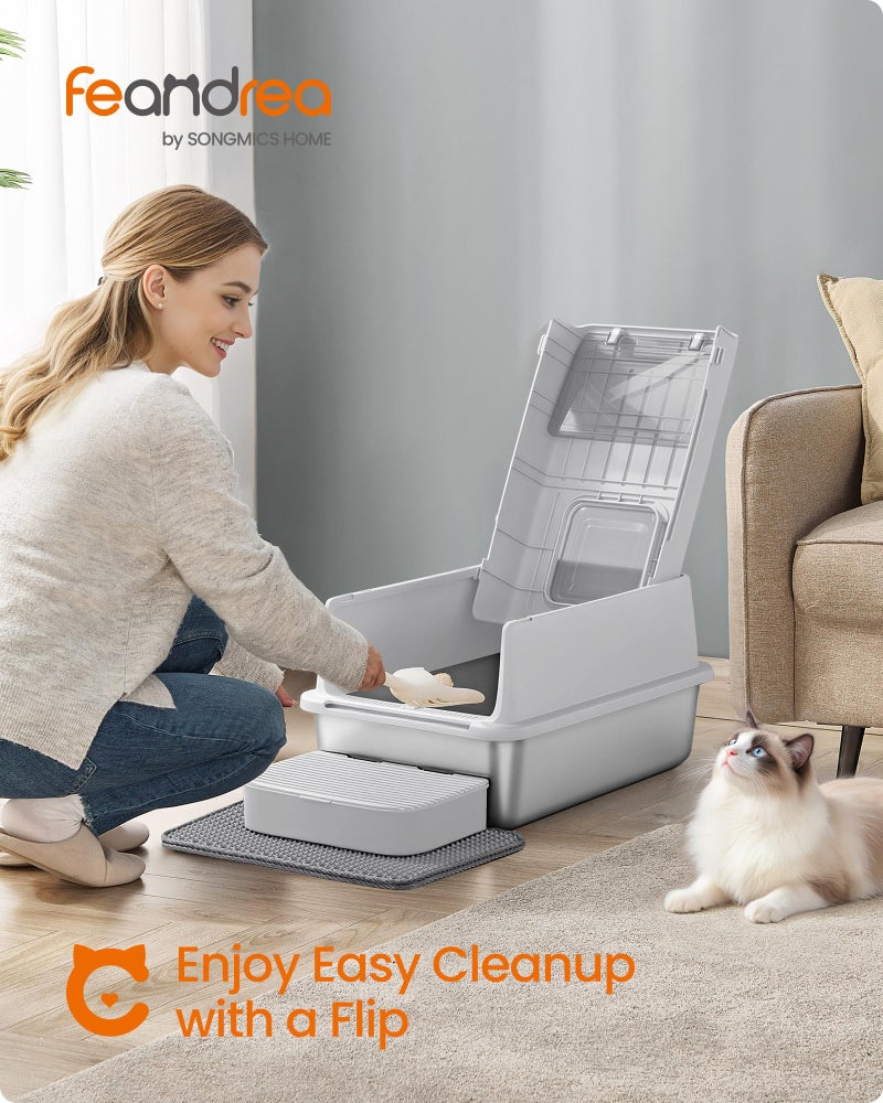 Feandrea Stainless Steel Cat Litter Box with Flip Lid, Litter Catcher Mat and Box, 2 Doors, Scoop, for Cats up to 33 lb, Light Gray UPPT007GD01 - Image 2