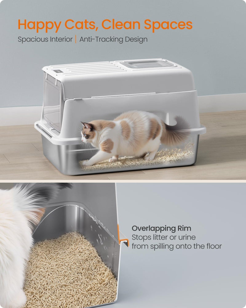 Feandrea Stainless Steel Cat Litter Box with Flip Lid, Litter Catcher Mat and Box, 2 Doors, Scoop, for Cats up to 33 lb, Light Gray UPPT007GD01 - Image 4