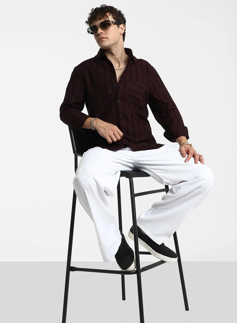 كامبوس سوترا Men's Wine Red Pastel Striped Shirt